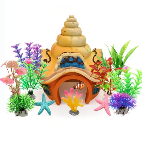 Fish Tank Decorations kit, Aquarium Decor Sea Shell House x 1pc, Fish Tank Accessories Aquatic Plants x 8pcs, Starfish x 2pcs, Coral x 1pcs.