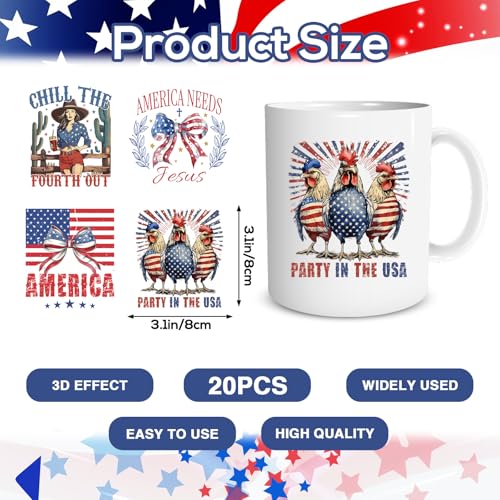 UV DTF Cup Wraps - 20 Sheets Independence Day UV DTF Wraps for 16 OZ Glass Cups, 4th of July American Flag Bow UV DTF Stickers, USA Patriotic Rub on Transfer Decals for Water Bottle Mug - style: Independence Day
