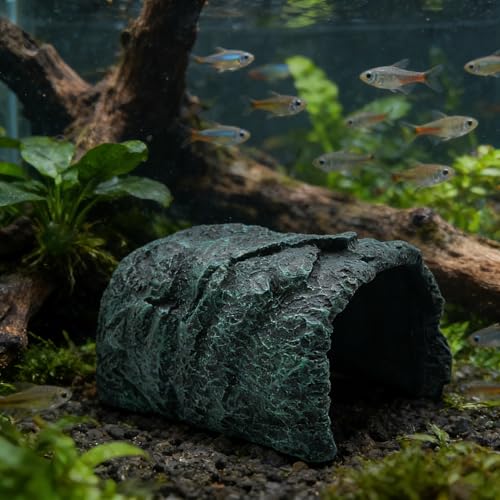 M2cbridge Aquarium Fish Hide Cave Reptile Hideout Cave Terrarium Amphibians Habitat Decor(Green Rock+ Water Dish) - style: Green Rock+ Water Dish