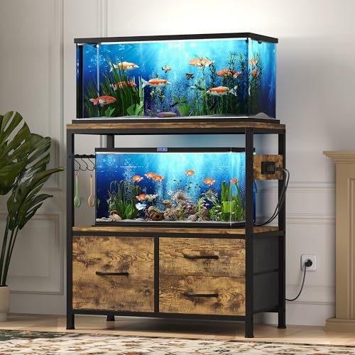 Heybly 20-29 Gallon Fish Tank Stand, Aquarium Stand with Drawer, Power Outlet, Heavy Duty Metal Frame, for Fish Tank, Turtle & Reptile Terrarium, 31.5" x 15.7" Top, 330lbs, Rustic Brown HAS001SR - color: Rustic Brown, size: 20-29 gal