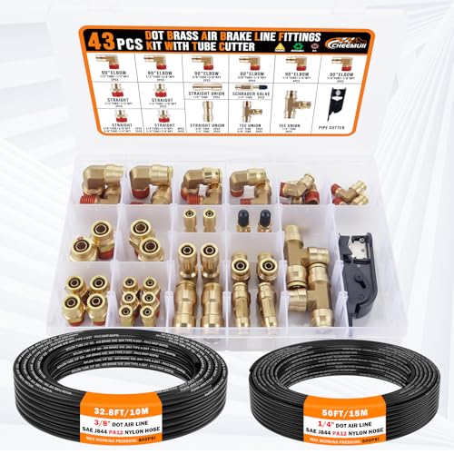 CheeMuii 43 Pcs Brass DOT Air Line Fittings with 50FT 1/4" & 32.8FT 3/8" DOT Air Hose Kit - 1/4, 3/8, 1/2 Push to Connect NPT Thread & Quick Connect Fittings - size: 45 PCS