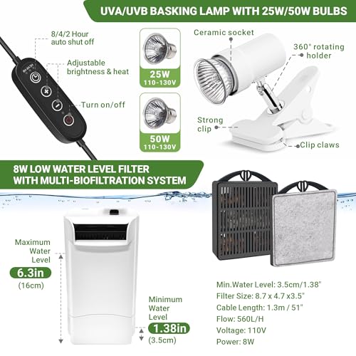 GOZILLA Aquatic Turtle Tank Kit+Lamp+Filter, Upgrade PC Turtle Tank Starter Kit with Adjustable Lamp & Filter,Reptile Habitat with Lid,Hanging Platform for Small Reptiles.(19.68×9.52×9.44''/White Kit) - color: Large-White-KIT