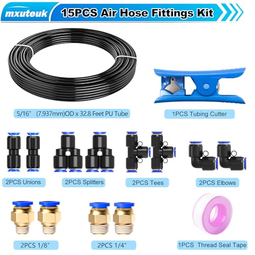 mxuteuk 5/16" Air Line Tubing Kit,5/16 Inch(8mm) OD x 32.8 Feet(10 Meter) Polyurethane PU Tube and 5/16 Inch OD Push to Connect Fittings - style: 5/16" OD Hose