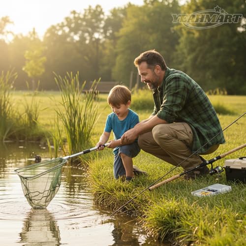 Yeahmart Fishing Landing Net with Telescopic Aluminum Handle Pole, Collapsible Nylon Mesh Minnow Fish Net for Saltwater & Freshwater, Portable Fishing Gear for Kids, Men, Women, Extends 21-75 Inches - style: 51" Full Length (3 Sectional Handle)