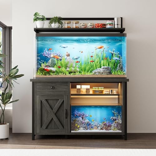 4ever2buy 55-75 Gallon Fish Tank Stand with Power Outlet, Led Light, Heavy Duty Aquarium Stand with Cabinet for Fish Tank Accessories Storage, Shelf, for Turtle Tank, Reptile Terrarium, 1100 LBS, Gray