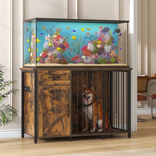kepptory 55-75 Gallon Fish Tank Stand with Dog Crate, Multifunctional Aquarium Stand with Cabinet and Power Outlets for Larger Aquariums and Versatile Use (Brown) - color: Brown, size: 48.8"L x 19.7"W x 32.7"H