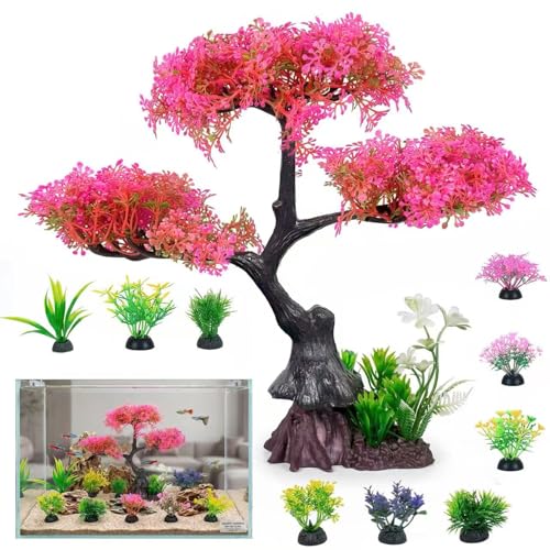 Pink-Cherry-Blossom-Tree-Aquarium-Decor: 10Pcs Artificial Plastic Plants Fish Tank Decorations Grass Set for Betta Goldfish Hides Accessories Gallon Fish Bowl Ornaments