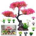 Pink-Cherry-Blossom-Tree-Aquarium-Decor: 10Pcs Artificial Plastic Plants Fish Tank Decorations Grass Set for Betta Goldfish Hides Accessories Gallon Fish Bowl Ornaments