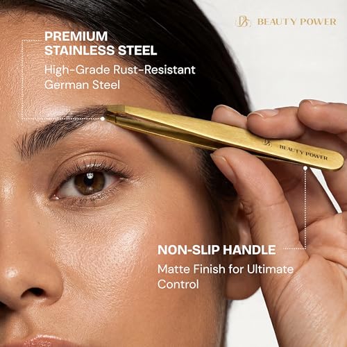 Beauty Power Tweezers for Women Facial Hair: Ultra Precision Tweezers for Women & Men, Sharp Slant Tweezer for Eyebrows, Ingrown Hair Removal. Professional Plucker + Case, German Stainless Steel Gold - color: Gold