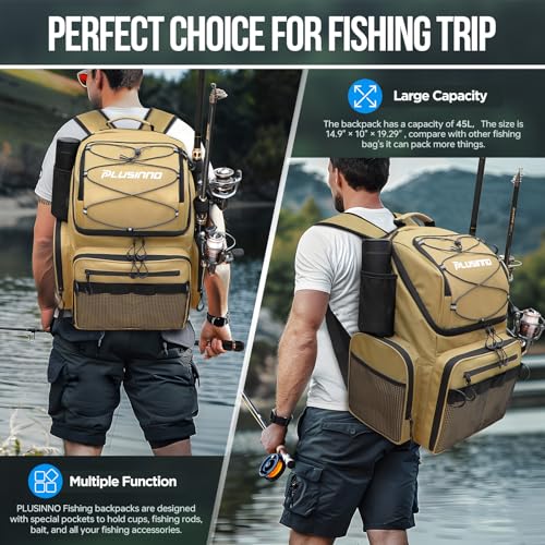 PLUSINNO Cooler Fishing Backpack with Rod Holders 45L Large Water-resistant Fishing Tackle bag Store Fishing Gear Fishing Gifts for Men Father - color: Khaki