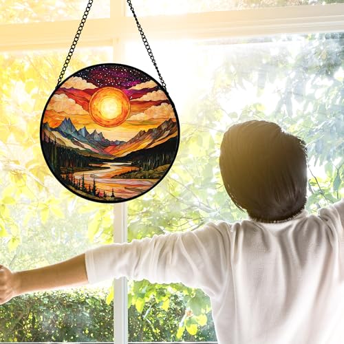 DASTOLL Stained Glass Window Hanging, Dusk Sunset Landscape Sun Catchers Glass Panel Lakes and Mountains Suncatcher Decor for Birthday for Women, Men, Wife, Aunt, and Mom 9.8 in - color: Golden Red, size: 9.8x9.8 IN
