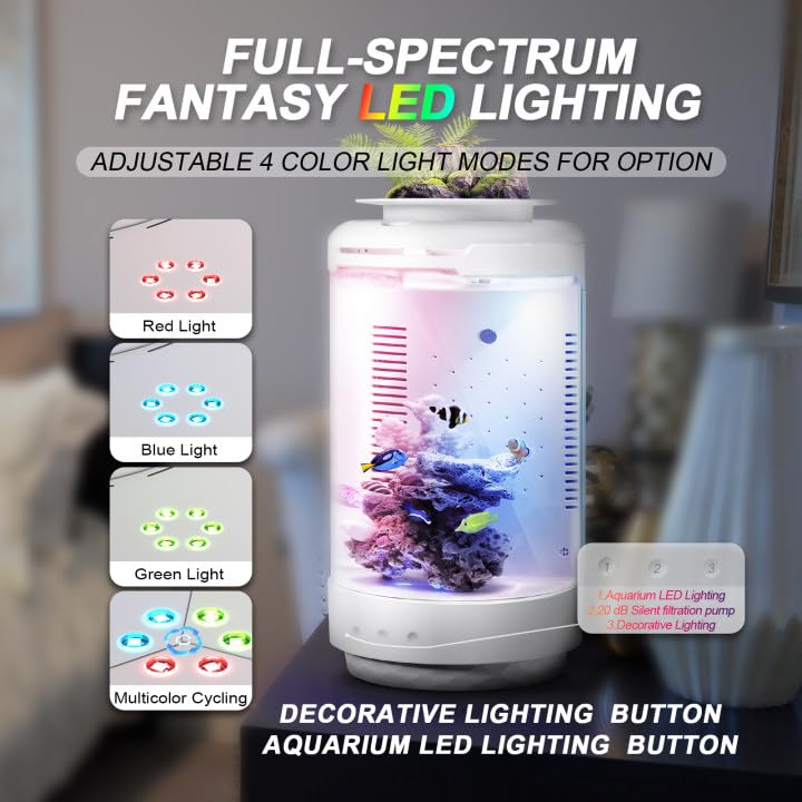 FZONE 1.2Gal Small Fish Tank with Plant Pot, All-in-one Desktop Aquarium Kit with Adjustable 4 Color Light Modes,20dB Filtration Pump,Detachable Backdrop,Invisible Touch Switch, Office & Home Decor