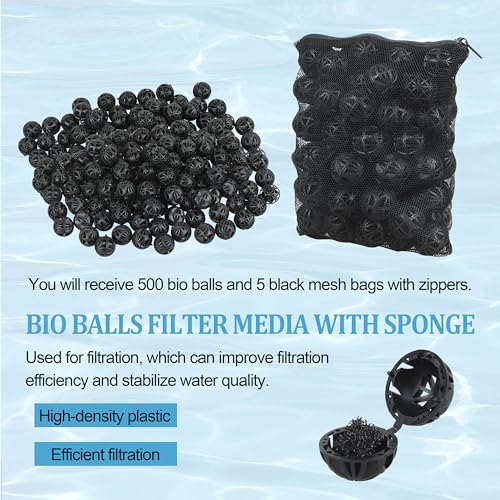 500 Pieces Bio Balls Filter Media Bulk 0.6 Inch Large Bio Balls for Pond & Aquarium Filters Pond Filter Media for Outdoor Ponds（Comes with 5 Black mesh Bags） - size: 0.6 Inch
