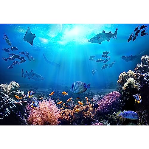 AOFOTO 5x3ft Underwater World Backdrop for Photography Aquarium Seabed Rocks Lights Coral and Fishes Tropical Ocean Scene Under The Sea Small Background Kids Party Decoration Banner Photobooth Props - size: 5x3ft