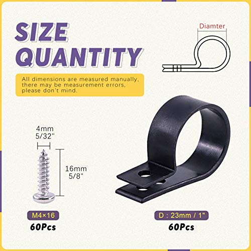 Swpeet 60 Pack Black 1 Inch Nylon Plastic R-Type Cable Clips Clamp Kit, Nylon Screw Mounting Cord Fastener Clips with 60 Pack Screws for Wire Management - color: Black, size: 1 Inch