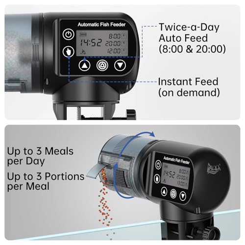 AQQA Automatic Fish Feeder for Aquarium, 200ML Large Capacity Fish Food Dispenser with Programmable LCD Timer, Moisture-Proof Silent Auto Feeder for Vacation, Betta Turtle Koi Goldfish Small Tank