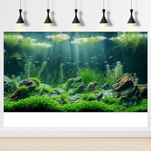 Aquarium Background Underwater Grass Leaves with Stone Aquarium Backdrop Vivid and Fresh Green Aquatic Plant Stone River Bed and Lake Fish Tank Background Decor Vinyl 24x12in - color: Green, size: 24(W)x12(H)inches/ 60(W)*30cm(H)