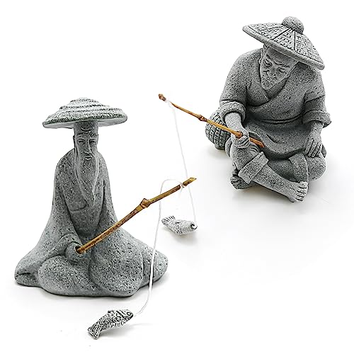 2PCS Sitting Fishing Figurines Sandstone Vintage Ornament Japanese Decor for Fish Tank Pot Garden Home Aquarium Mini Fisherman Statue Asian Zen Decoration - size: Medium Size