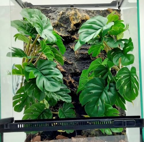 Reptile Plants for Terrarium Decor, Amphibian Habitat Decor, Snake Tank Accessories, Artificial Hanging Plants with Suction Cup-2 Packs (Fake Monstera) - color: Fake Monstera