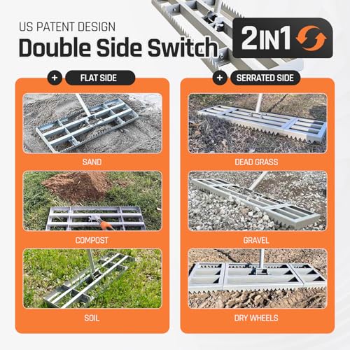 Lawn Leveling Rake, 2-in-1 Double-Side Leveler with 20 Marking Flags for Low Spot, 30" Heavy Duty Stainless + Powder Coated Landscape Rake, Flat & Serrated Side for Soil Dirt Sand Gravel, Yard Garden