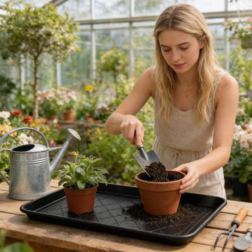 4 Pack Nursery Potting Trays, Plastic Seedling Starter Tray with No Drain Holes Reusable Easy Watering Flat Garden Plant Growing Tray for Planting Indoor Greenhouse Germination
