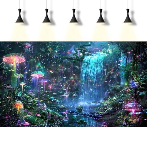 Jungle Waterfall Aquarium Background Enchanted Bloom Mushrooms Fish Tank Background Dancing Creatures Sparkling Fantasy Forest Reptile Tank Backgrounds Mystery Forests Terrarium Backgrounds 24x12in - color: Pink_Green, size: 24(W)x12(H)inches/ 60(W)*30cm(