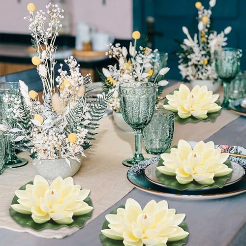 6Pcs White Artificial Lotus Flowers Large Floating Faux Lotus Water Lily Flowers Fish Pond Artificial Plants with Artificial Lily Pads, Home Decor Artificial Flowers