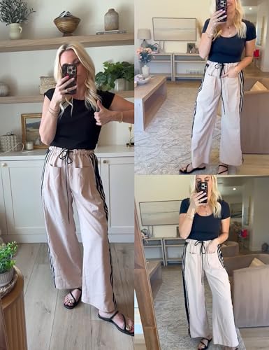 Hongsui Women's Wide Leg Pants Drawstring High Rise Side Striped Slouchy Palazzo Pants with Pockets - color: Khaki, size: X-Small