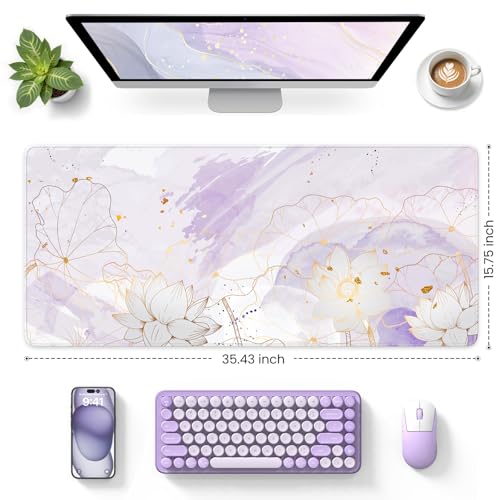 iCasso Desk Cover Mat, Extra Large Lotus Mouse Pad, Desk Pad Mat,Office Matt for Desktop Protector, Anti-Slip XXL Big Mousepad with Stitched Edges for Laptop Computer Keyboard(Purple Lotus Leaf) - color: Purple Lotus Leaf