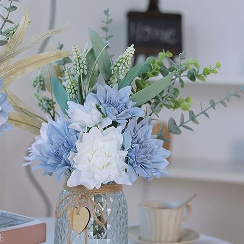 Faux Flowers with Vase,Artificial Silk Flowers in Vase, Fake Plant Eucalyptus and Willow,Flower Arrangement for Home Farmhouse Dining Table Centerpiece Decorations Coffee Table Decor (Dusty Blue)