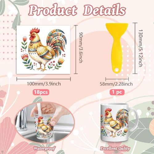 Peacoblue 18 Sheets Rub on Transfers for Crafts, Nordic Folk Chickens 3.6"x3.9" UV DTF Cup Wraps Waterproof Cold Transfers Stickers for Wood Glass Metal Cup Tumblers Mirrors Mugs Home Decor - style: Nordic Folk Chickens