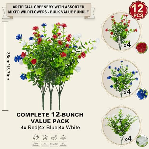Hananona 12 Pcs Artificial Flowers Outdoor, Faux Artificial Plants UV Resistant Plastic Patriotic Flower Bulk for 4th of July Hanging Planter Porch Window Home Summer Decor 12, Red, White, Blue - color: Red, White, Blue
