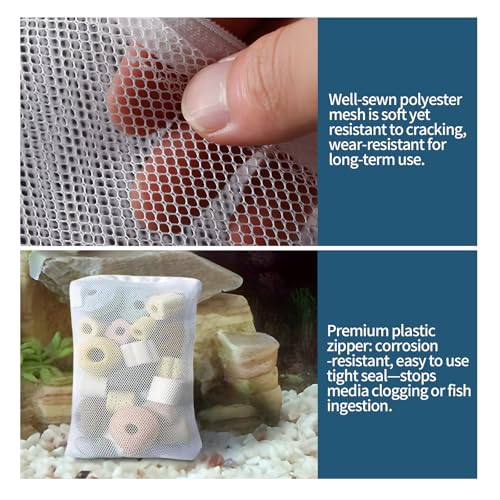 10 Pack 7.8 x 5.9 Inch Media Bags for Aquarium, Aquarium Filter Media Bags with Zipper, Fish Tank Fine Mesh Bag for Carbon, Bio Balls, Ceramic Rings, Volcano Rock(White) - color: White