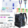 Fishing Backpack with Rod Holder, Large 50L Tackle Bag Water Resistant Tackle Backpack Heavy Duty Fishing Bag Gift for Men Woman - color: Camo Black with 4 Tackle Boxes and 98 Fishing Tools