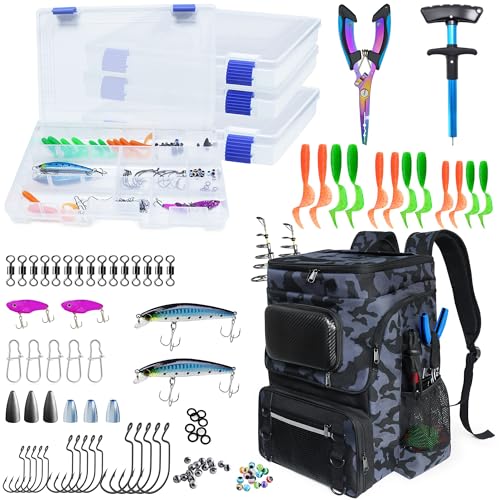 Fishing Backpack with Rod Holder, Large 50L Tackle Bag Water Resistant Tackle Backpack Heavy Duty Fishing Bag Gift for Men Woman - color: Camo Black with 4 Tackle Boxes and 98 Fishing Tools