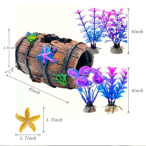 Fish Tank Decoration for Aquarium Tank, Betta Fish Tank Accessories Starfish Barrel x 1pc, Aquarrium Decor Aquatic Plants x 4pcs, Aquarium Decor Starfish x 1pcs.