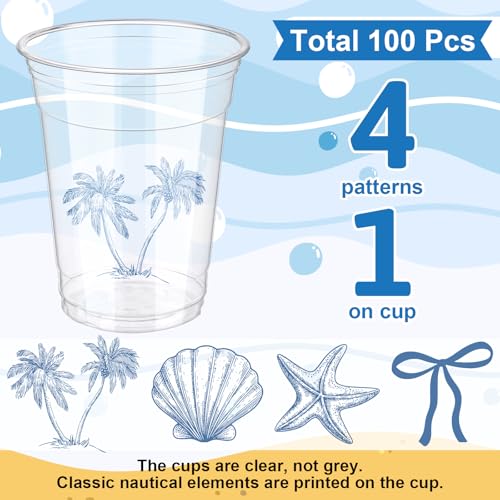 Qinyoung 100 Pcs Ocean Party Disposable Cups 12 oz Clear Plastic Blue Bow Starfish Seashell Coastal Beach Nautical Sea Theme Plastic Cups for Under The Sea Summer Ocean Tropical Mermaid Party Supplies - style: Coastal