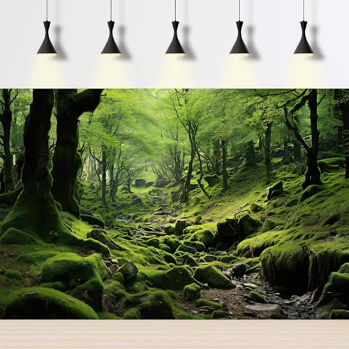 Moss Scenic Scenery Aquarium Background Tropical Forest with Lush Green Moss Terrarium Backdrop Stream Rocks Rainforest Natural Landscape Fish Tank Background Wallpaper Poster Decors Vinyl 24x12in - color: Green, size: 24(W)x12(H)inches/ 60(W)*30cm(H)