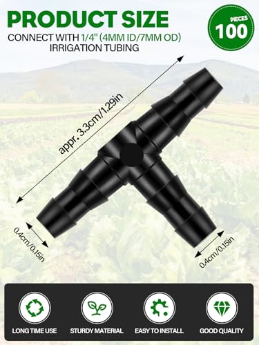 Kalolary 100PCS 1/4" Universal Barbed Tee Fittings, 1/4 Inch Barbed Tee Connectors Drip Irrigation Fittings for 4mm/7mm Water Tube Parts Drip Irrigation Hose Connector Watering System - size: 100 Count - 3.50 × 2.00 × 0.4 cm