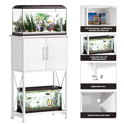 Herture 5-10 Gallon Fish Tank Stand, Metal Double Aquarium Stand with Cabinet for Fish Tank Accessories Storage, Heavy Duty 20.5" L* 11.02" W Tabletop, 500LBS Capacity White PG06YGW - color: White, size: 5-10 Gallon