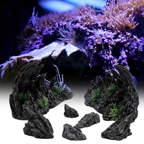 Large “Soul Valley” 7pcs Resin Aquarium Decor Set – Fish Tank Decorations, Imitation Stone Ornaments for 12-20 inch aquariums, Natural Rock Style Decor for Fresh/Saltwater Landscaping Aquariums