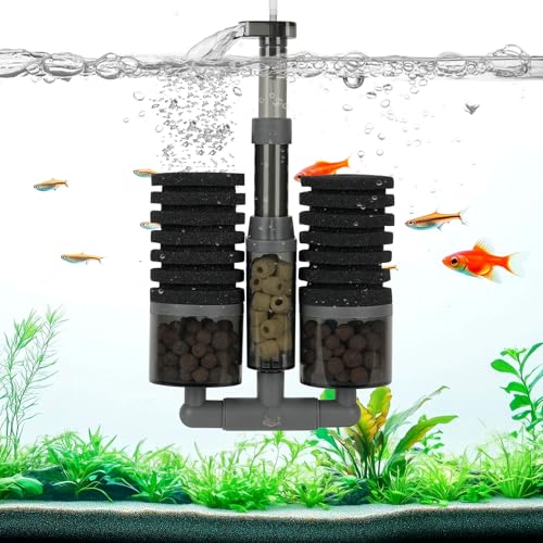 AQQA Aquarium Sponge Filter, Dual Bio Sponge Fish Tank Filter with Ceramic Media, Air Driven Multi-Stage Filtration 360° Rotatable Outflow, Quiet Breeding Fry Betta Shrimp Filter for Freshwater