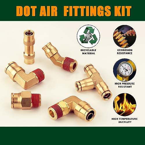 37Pcs Brass DOT Air Brake Line Fittings Assortment Kit 1/4" 3/8" 1/2" Push to Connect Fittings Air System Repair Kit for Truck, Air Brake Union 45 Degree & 90 Degree Male Elbow - color: 37pcs BRASS DOT AIR BRAKE FITTINGS