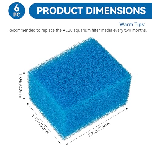 Bio-Foam for AC20 Power Filter, Replacement Aquarium Sponge Filter Media Foam Construction for Use in Freshwater & Saltwater Aquariums, 30PPI Filter Sponge Pads (6 PCS)