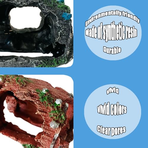 2 PCS Aquarium Resin Fish Tank Decorations Broken Barrel Shipwreck Theme Landscaping Hideouts Accessories Caves Hide Hut Fish/Small Turtles Tank Ornaments with 2pcs Artificial Aquatic Plants (Red)