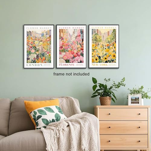 XLARTMY Flower Market Wall Art Print Canvas Yellow Pink Floral Paintings Colorful Botanical Sunflower Artwork Travel Poster for Decor Picture 3 pieces for Living Room Bedroom Bathroom 16x24in Unframed - color: Flower Market-2, size: 16x24in Poster