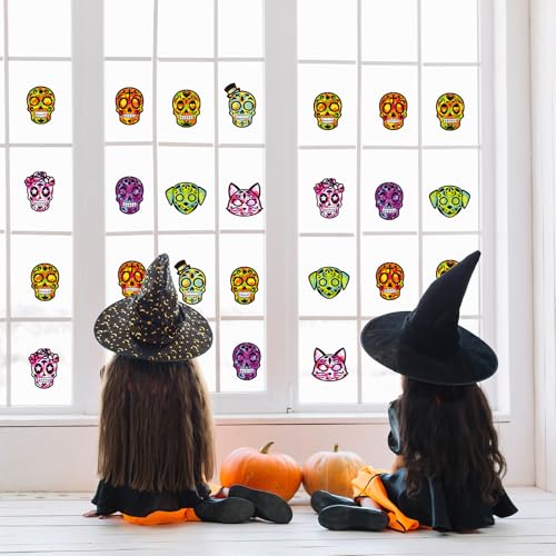 Renbuzhu 36PCS Dia De Los Muertos Crafts Bulk: Sugar Skull Paper Suncatchers DIY Kit for Day of The Dead Halloween Party Activities Decorations, Window Stained Glass Effect Art Supplies - style: dia de los muertos