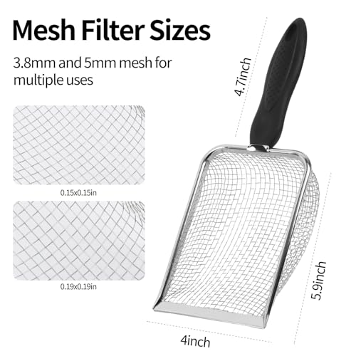 2 PCS Stainless Steel Mesh Cat Litter Scoop, Reptile Sand Scooper, Substrate and Gravel Sifter, Non-Slip Grip, Easy to Clean Reptile Terrarium Sand Waste(3.8mm & 5mm Mesh)