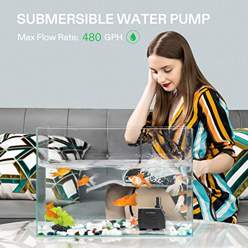 VIVOSUN 480GPH Submersible Pump(1800L/H, 25W), Ultra Quiet Water Pump with 7.2ft High Lift, Fountain Pump with 5ft Power Cord, 3 Nozzles for Fish Tank, Aquarium, Statuary, Hydroponics Black - size: 480GPH