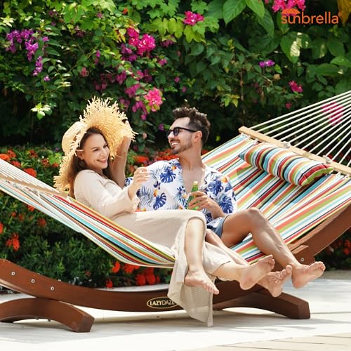 Lazy Daze Hammocks 12 FT Sunbrella Fabric Hammock Non-Fading with Spreader Bars and Free Pillow Fits for 2 Persons, All Weather and Fade Resistant for Patio Yard, 450 lbs Capacity, Carousel Confetti - color: Carousel Confetti